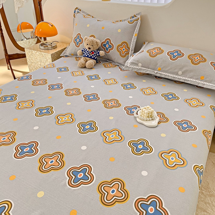 91家纺网 家纺一手货源 找家纺 宜家坊 2025新款春夏原棉鱼骨棉老粗布花边印花床单软凉席三件套 四叶草-灰