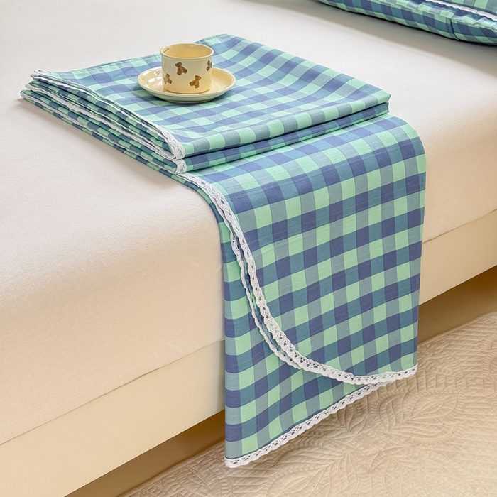 91家纺网 家纺一手货源 找家纺 宜家坊 2025新款春夏原棉鱼骨棉老粗布花边印花床单软凉席三件套 蓝格