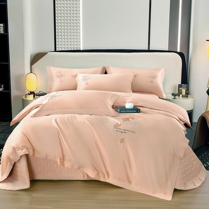 OL家纺 2025新款100支天丝棉居家轻奢床盖夹棉防滑四件套 桃夭粉