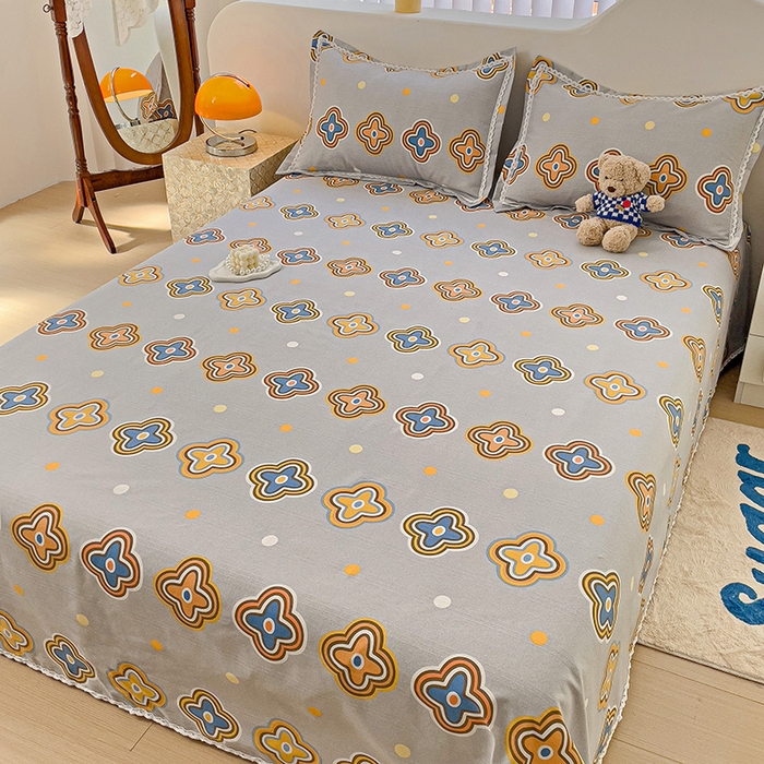 91家纺网 家纺一手货源 找家纺 宜家坊 2025新款春夏原棉鱼骨棉老粗布花边印花床单软凉席三件套 四叶草-灰