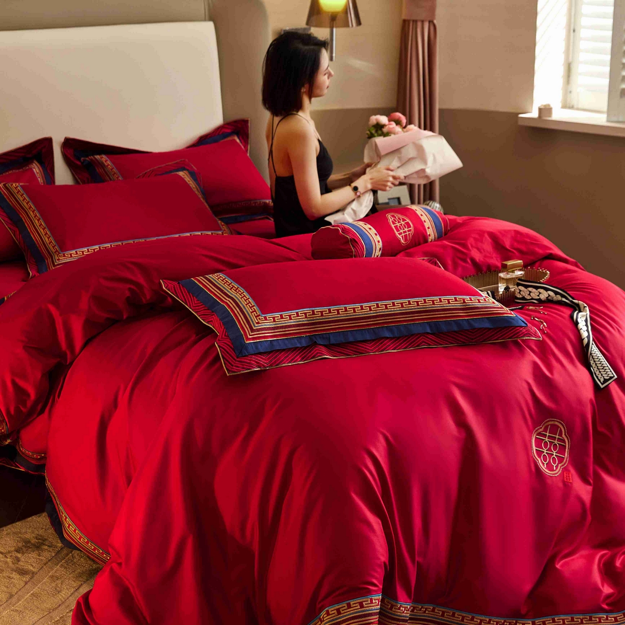 91家纺网 家纺一手货源 找家纺 涞澳家纺 2025新款婚庆款四件套 新禧双缘