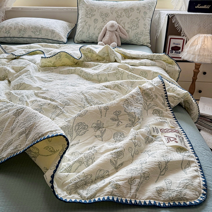 91家纺网 家纺一手货源 找家纺 星巴k家纺 2025新款春夏云感双层纱A类母婴级三角针夏被贝壳边夏凉被贝壳绣【可提供买家秀】 贝壳绣-海像森林