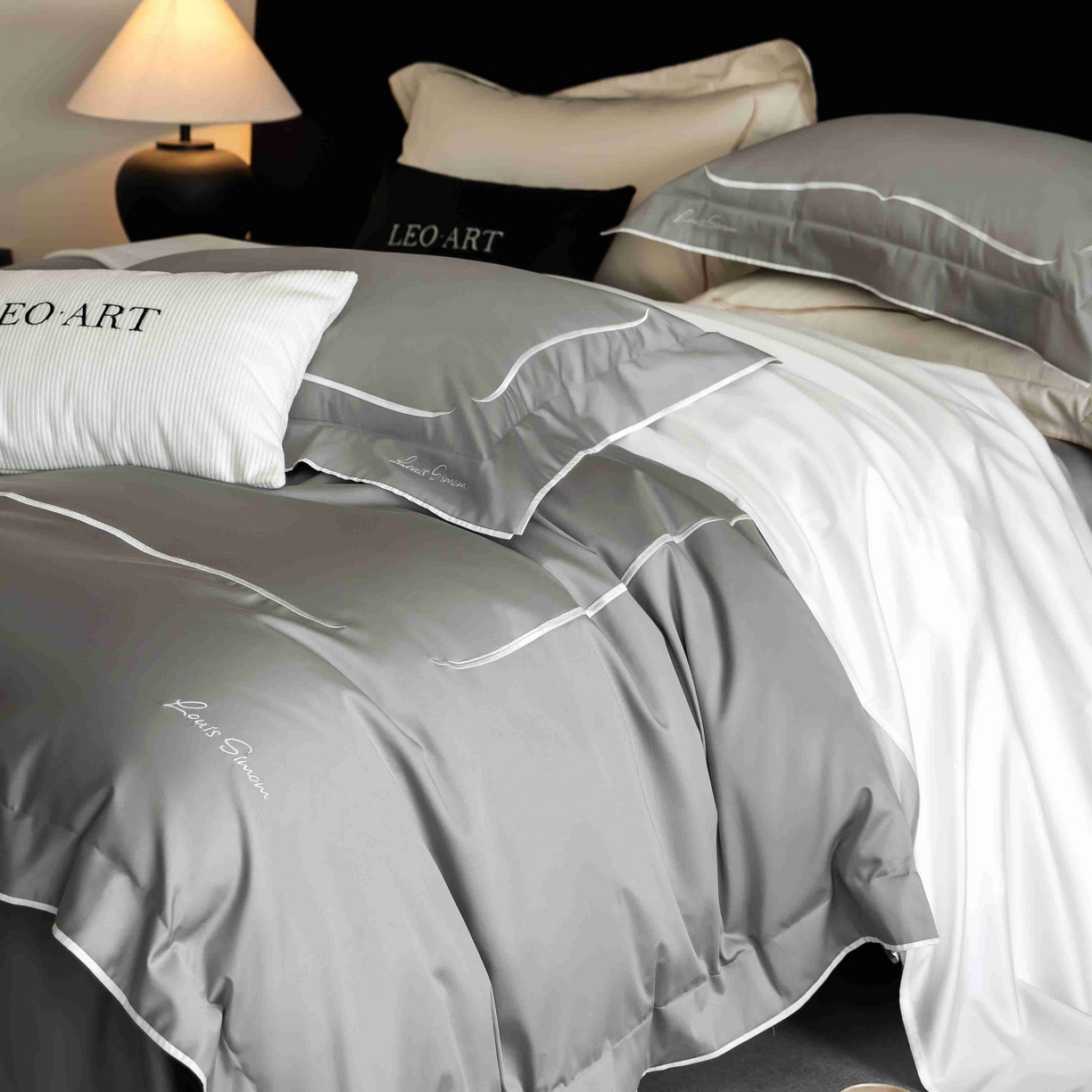 91家纺网 家纺一手货源 找家纺 涞澳家纺 2025新款80S全棉贡缎小蛮腰四件套-浅依 浅依-烟灰