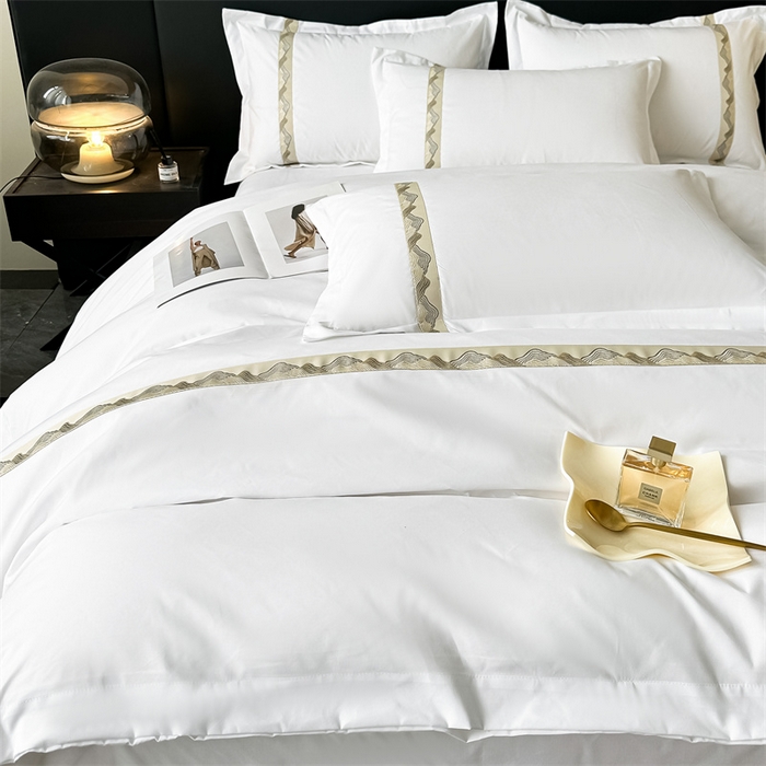 91家纺网 家纺一手货源 找家纺 梦庭帛美 2025新款宾馆刺绣四件套 山川-金