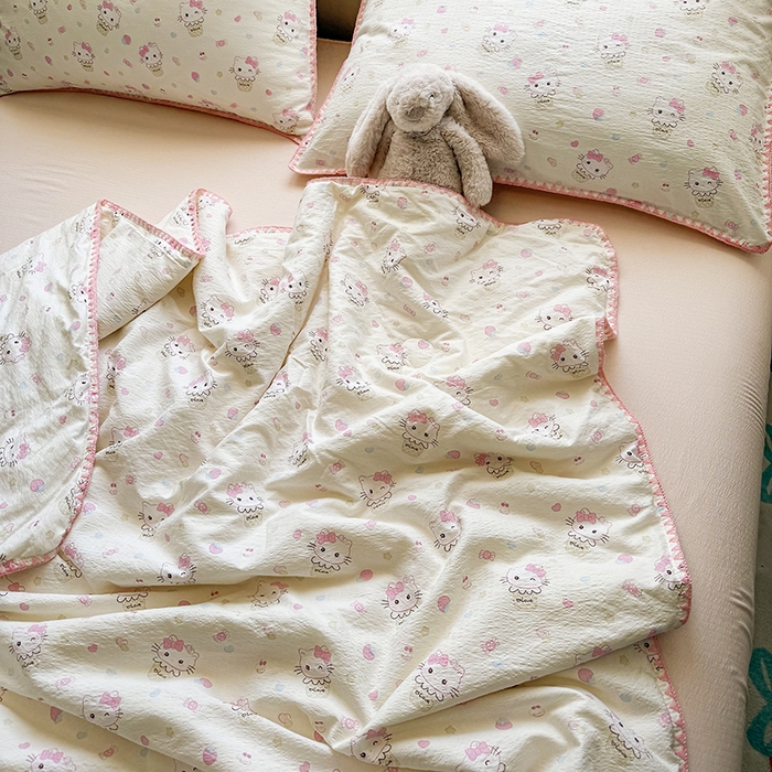 91家纺网 家纺一手货源 找家纺 星巴k家纺 2025新款春夏云感双层纱A类母婴级三角针夏被贝壳边夏凉被贝壳绣【可提供买家秀】贝壳绣-粉色kt猫