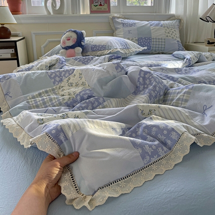 水墨江南 2025新款全棉镂空花边夏被四件套 百福-蓝