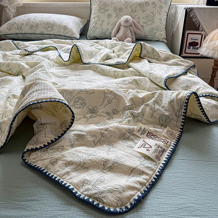 91家纺网 家纺一手货源 找家纺 星巴k家纺 2025新款春夏云感双层纱A类母婴级三角针夏被贝壳边夏凉被贝壳绣【可提供买家秀】 贝壳绣-海像森林