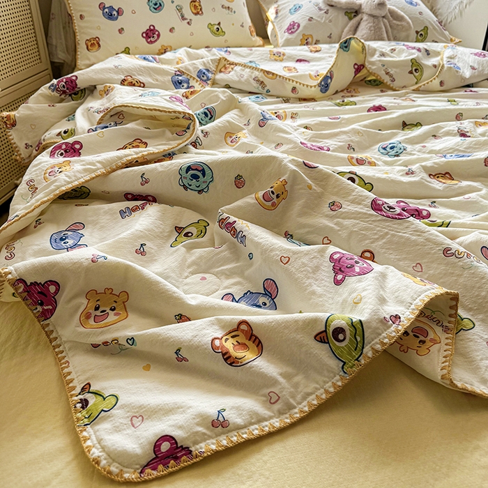 91家纺网 家纺一手货源 找家纺 星巴k家纺 2025新款春夏云感双层纱A类母婴级三角针夏被贝壳边夏凉被贝壳绣【可提供买家秀】 贝壳绣-维尼伙伴