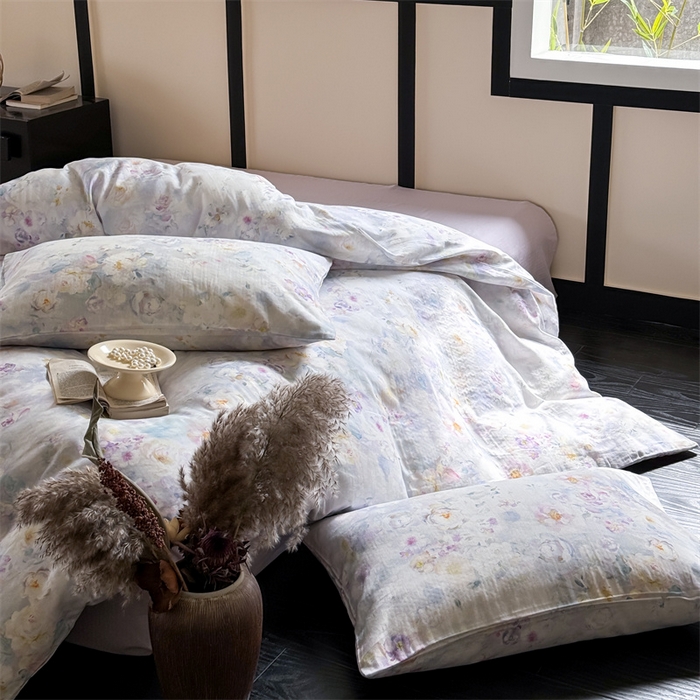 91家纺网 家纺一手货源 找家纺 窝米 2025春季新品全棉双层纱油画风花卉四件套系列（梦境花园、花研巧语） 熙春