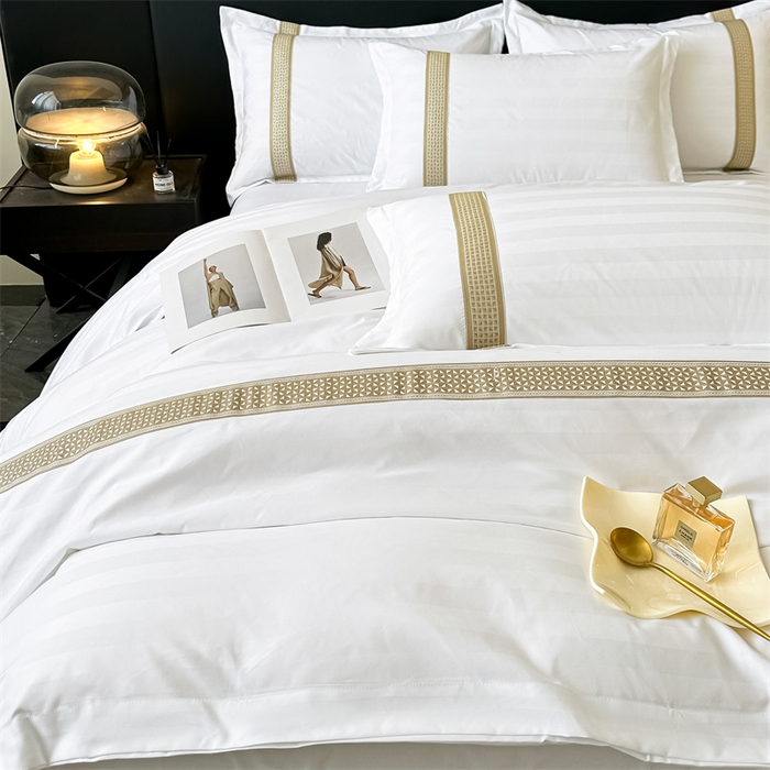 91家纺网 家纺一手货源 找家纺 梦庭帛美 2025新款段条刺绣飞边款四件套 古巴-金