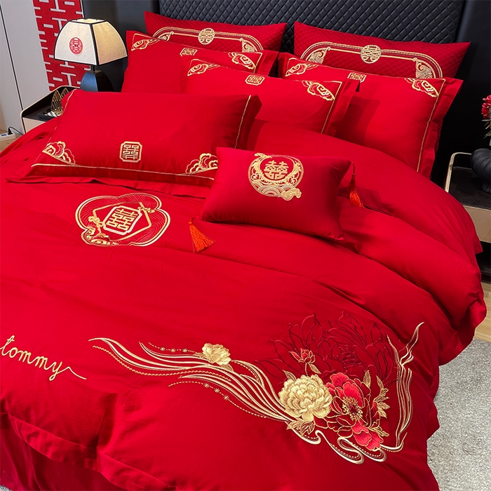 91家纺网 家纺一手货源 找家纺 张公子婚庆馆2025新款长绒棉新中式精美刺绣婚庆四件套（控价不低于328）