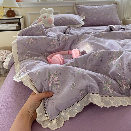 水墨江南 2025新款全棉镂空花边夏被四件套 紫苏