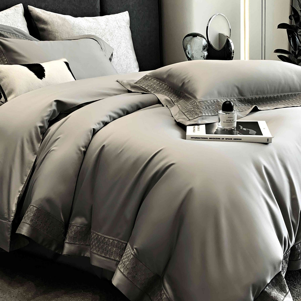 91家纺网 家纺一手货源 找家纺 涞澳家纺 2025新款60S天丝棉花边款四件套-星雅 星雅-大理石灰