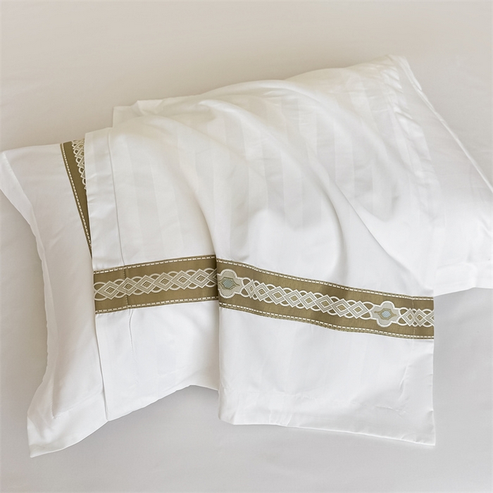 91家纺网 家纺一手货源 找家纺 梦庭帛美 2025新款段条刺绣飞边款四件套 吉祥-咖