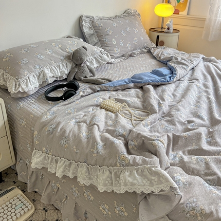 富米莱（原臻工厂） 2025新款云感亲肤棉床盖床裙夏凉被四件套-全棉双层花边 遇见浪漫