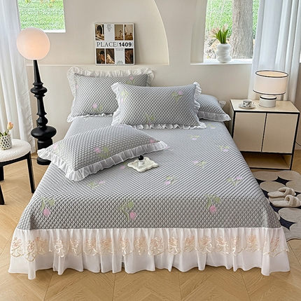 提花大世界 2025新款A类PE乙纶冰丝凉感三色织550克冰豆豆凉席床裙软凉席 郁金香—PE灰