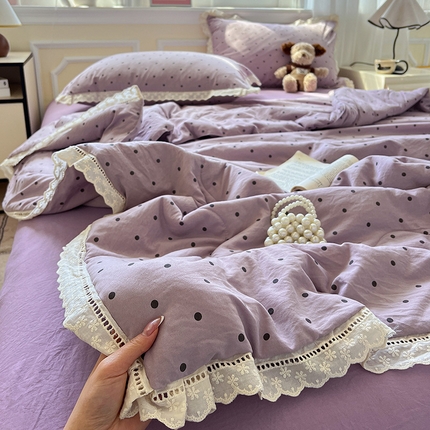 水墨江南 2025新款全棉镂空花边夏被四件套 芋泥波波