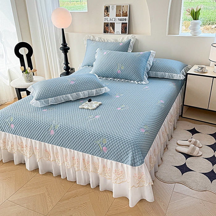 91家纺网 家纺一手货源 找家纺 提花大世界 2025新款A类PE乙纶冰丝凉感三色织550克冰豆豆凉席床裙软凉席 郁金香—PE蓝