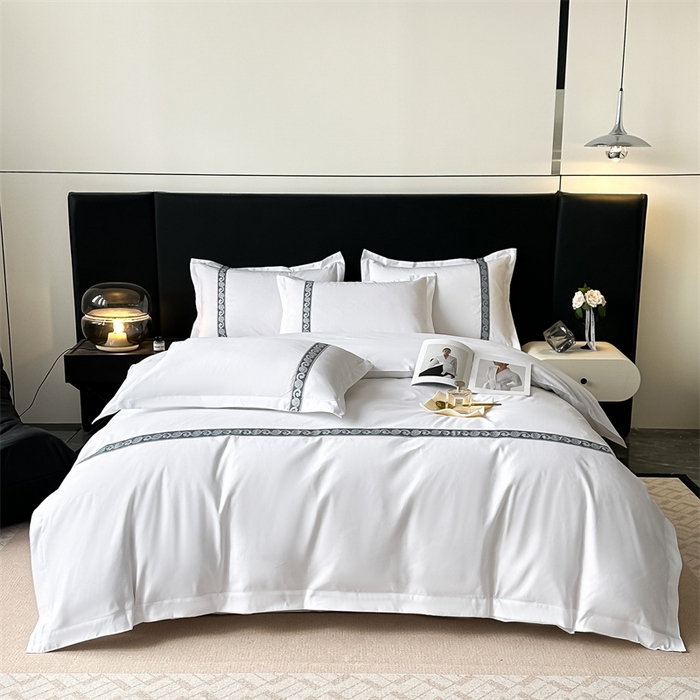 91家纺网 家纺一手货源 找家纺 梦庭帛美 2025新款宾馆刺绣四件套 祥云-藏蓝