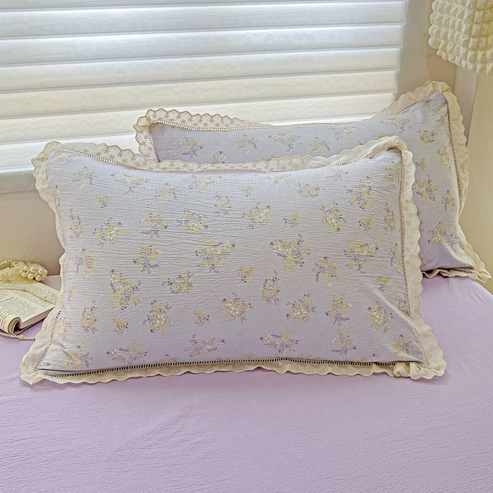 金梦拉家纺 2025新款提花纱布皱皱纱枕套（全棉镂空花边款） 桔梗紫