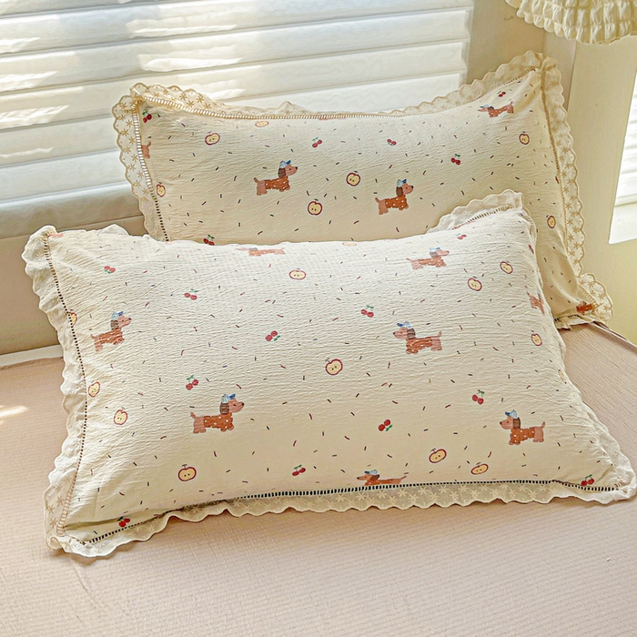 金梦拉家纺 2025新款提花纱布皱皱纱枕套（全棉镂空花边款） 快乐狗