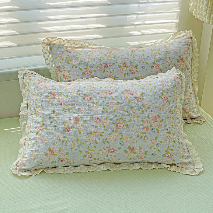 金梦拉家纺 2025新款提花纱布皱皱纱枕套（全棉镂空花边款） 绿茵