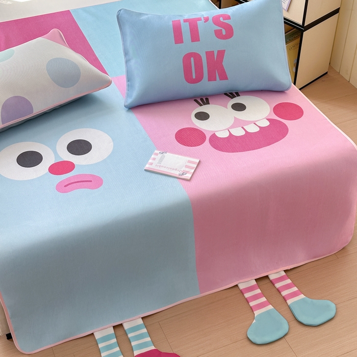 91家纺网 家纺一手货源 找家纺 一霖家纺 2025新款大版300D冰藤席席子凉席三件套 搞怪笑脸