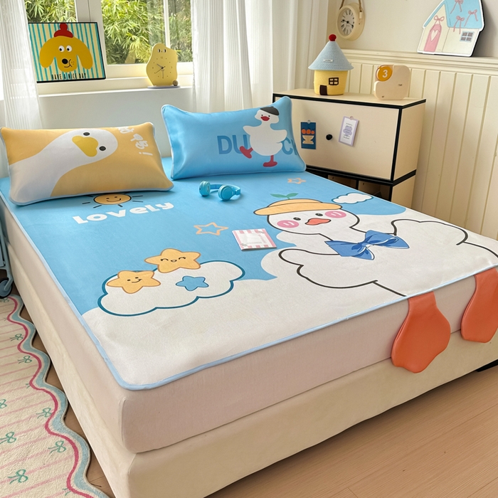 91家纺网 家纺一手货源 找家纺 一霖家纺 2025新款大版300D冰藤席席子凉席三件套 嗨皮鸭