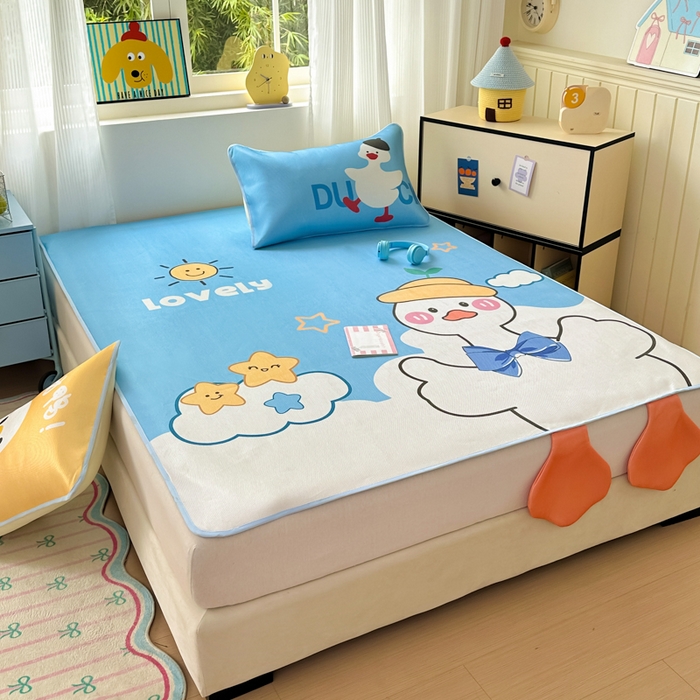 91家纺网 家纺一手货源 找家纺 一霖家纺 2025新款大版300D冰藤席席子凉席三件套 嗨皮鸭