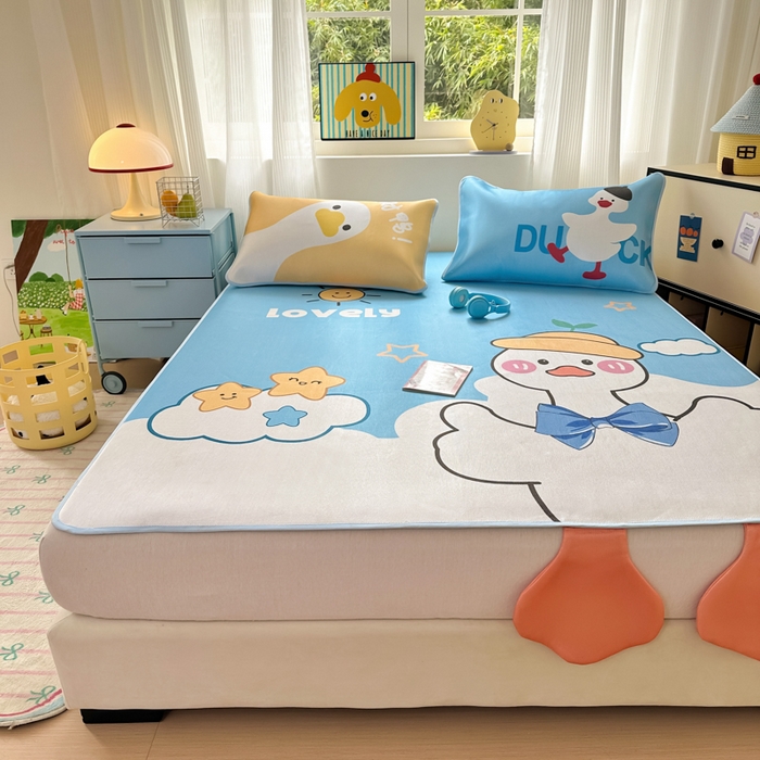 91家纺网 家纺一手货源 找家纺 一霖家纺 2025新款大版300D冰藤席席子凉席三件套 嗨皮鸭