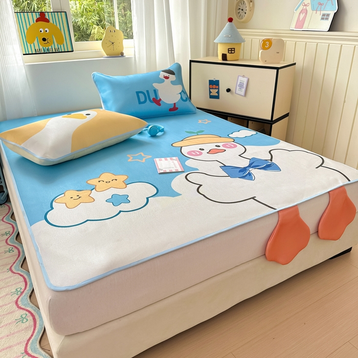 91家纺网 家纺一手货源 找家纺 一霖家纺 2025新款大版300D冰藤席席子凉席三件套 嗨皮鸭