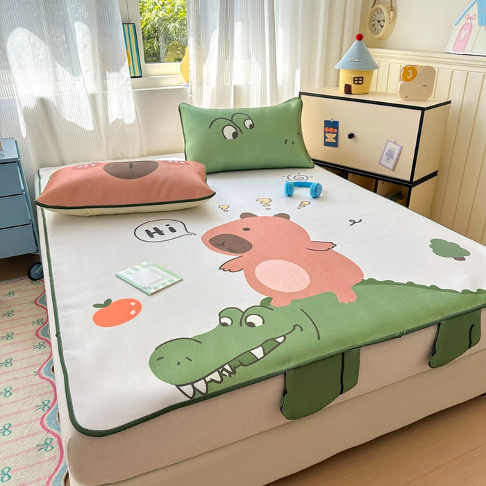 91家纺网 家纺一手货源 找家纺 一霖家纺 2025新款大版300D冰藤席席子凉席三件套 好奇巴拉