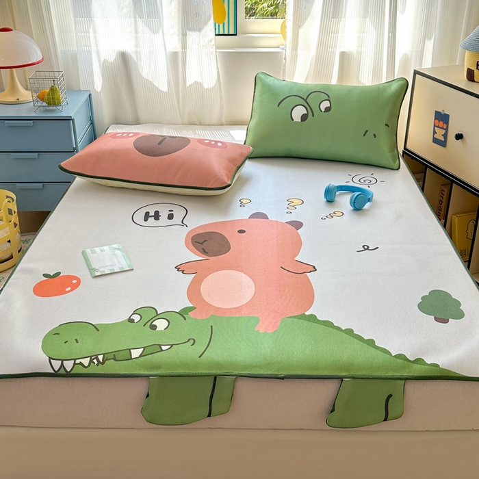 91家纺网 家纺一手货源 找家纺 一霖家纺 2025新款大版300D冰藤席席子凉席三件套 好奇巴拉