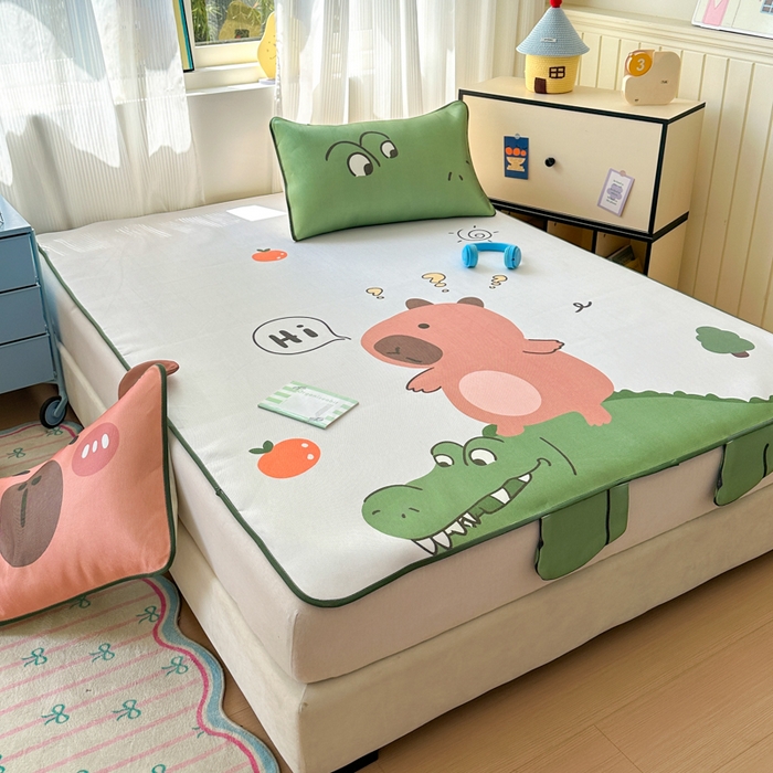 91家纺网 家纺一手货源 找家纺 一霖家纺 2025新款大版300D冰藤席席子凉席三件套 好奇巴拉