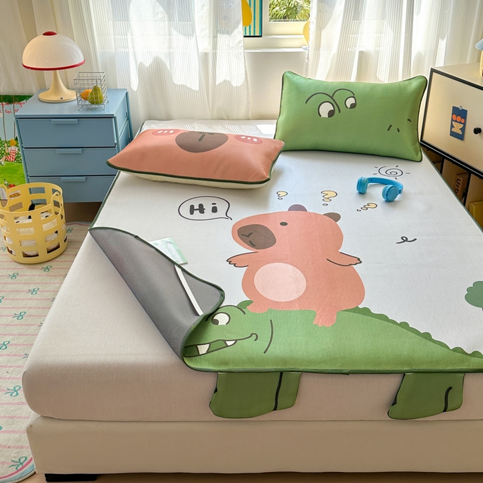 91家纺网 家纺一手货源 找家纺 一霖家纺 2025新款大版300D冰藤席席子凉席三件套 好奇巴拉