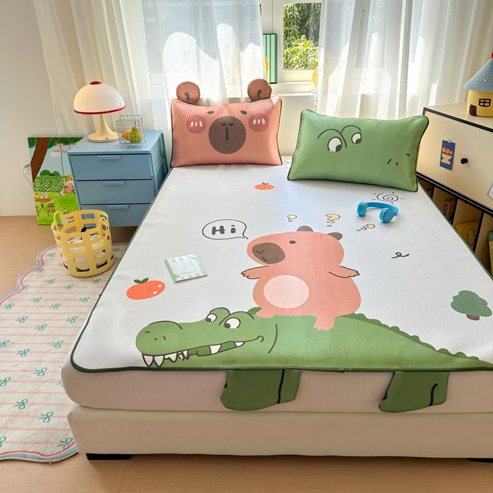 91家纺网 家纺一手货源 找家纺 一霖家纺 2025新款大版300D冰藤席席子凉席三件套 好奇巴拉