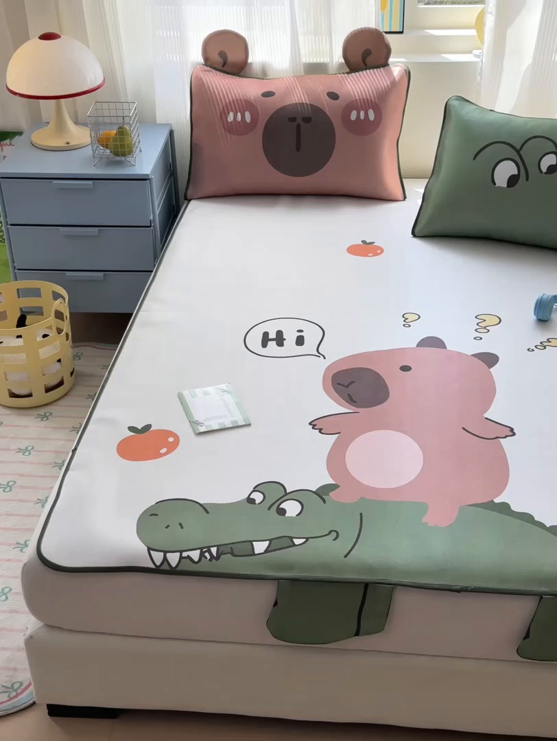 91家纺网 家纺一手货源 找家纺 一霖家纺 2025新款大版300D冰藤席席子凉席三件套 好奇巴拉