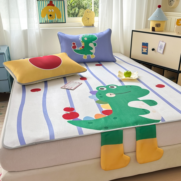 91家纺网 家纺一手货源 找家纺 一霖家纺 2025新款大版300D冰藤席席子凉席三件套 快乐小龙