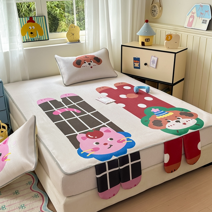 91家纺网 家纺一手货源 找家纺 一霖家纺 2025新款大版300D冰藤席席子凉席三件套 趣味朋友