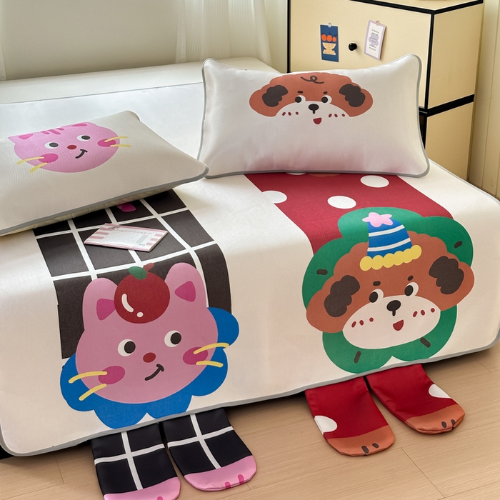 91家纺网 家纺一手货源 找家纺 一霖家纺 2025新款大版300D冰藤席席子凉席三件套 趣味朋友