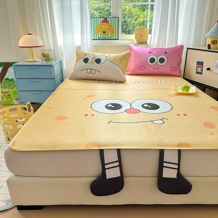 91家纺网 家纺一手货源 找家纺 一霖家纺 2025新款大版300D冰藤席席子凉席三件套 笑脸海宝