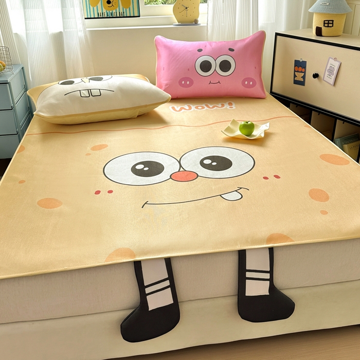 91家纺网 家纺一手货源 找家纺 一霖家纺 2025新款大版300D冰藤席席子凉席三件套 笑脸海宝