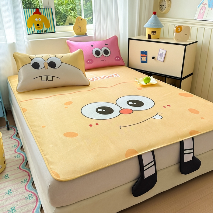 91家纺网 家纺一手货源 找家纺 一霖家纺 2025新款大版300D冰藤席席子凉席三件套 笑脸海宝