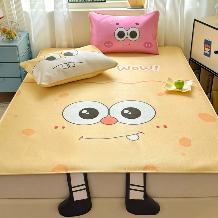 91家纺网 家纺一手货源 找家纺 一霖家纺 2025新款大版300D冰藤席席子凉席三件套 笑脸海宝