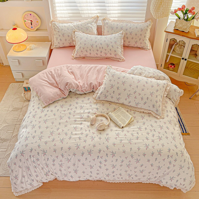 91家纺网 家纺一手货源 找家纺 金梦拉家纺 2025新款提花纱布皱皱纱四件套（全棉镂空花边款） 镂空花边-惠心