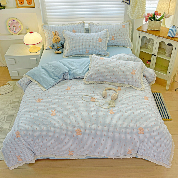 91家纺网 家纺一手货源 找家纺 金梦拉家纺 2025新款提花纱布皱皱纱四件套（全棉镂空花边款） 镂空花边-萌萌兔