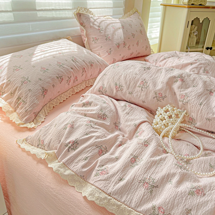 91家纺网 家纺一手货源 找家纺 金梦拉家纺 2025新款提花纱布皱皱纱四件套（全棉镂空花边款） 镂空花边-花颜