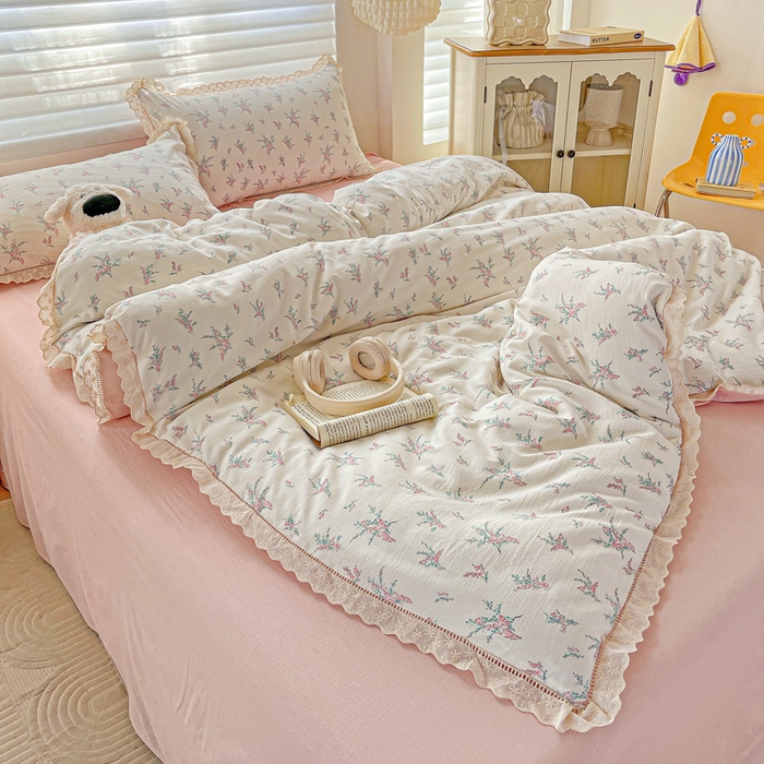 91家纺网 家纺一手货源 找家纺 金梦拉家纺 2025新款提花纱布皱皱纱四件套（全棉镂空花边款） 镂空花边-惠心