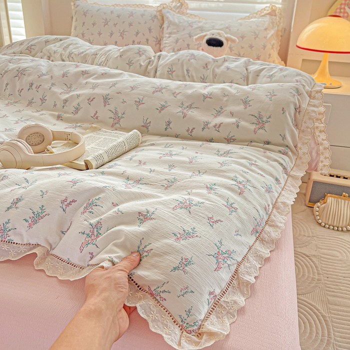 91家纺网 家纺一手货源 找家纺 金梦拉家纺 2025新款提花纱布皱皱纱四件套（全棉镂空花边款） 镂空花边-惠心