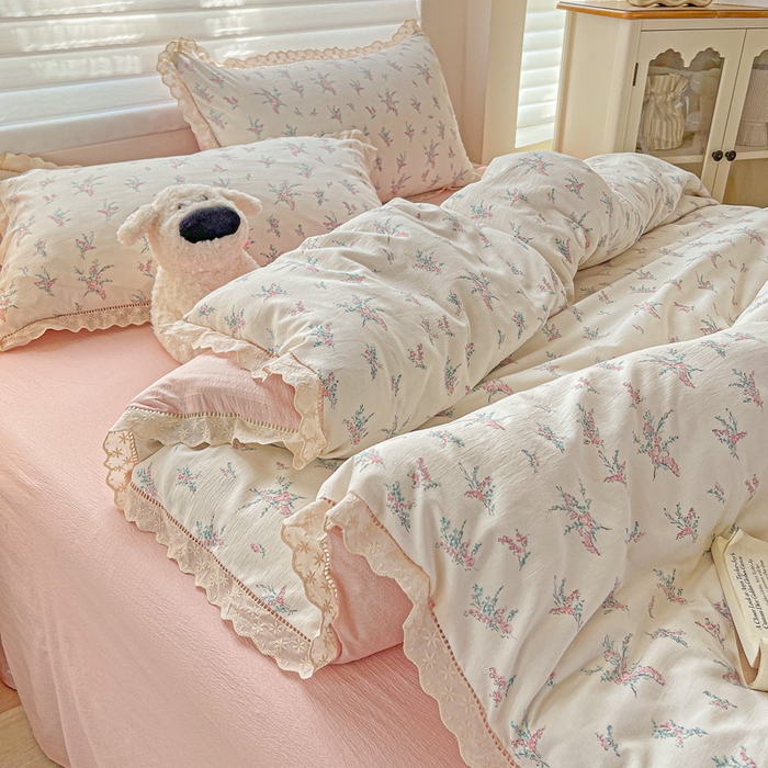 91家纺网 家纺一手货源 找家纺 金梦拉家纺 2025新款提花纱布皱皱纱四件套（全棉镂空花边款） 镂空花边-惠心